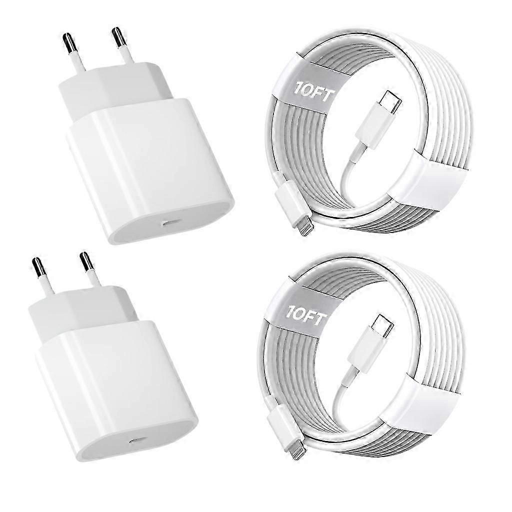 iPhone11 12 13 14 Snellader, 2 Pack 20W iPhone Oplader Snellaadblok Adapter met 10ft USB-C naar Lightning Data Sync Oplaadkabel voor