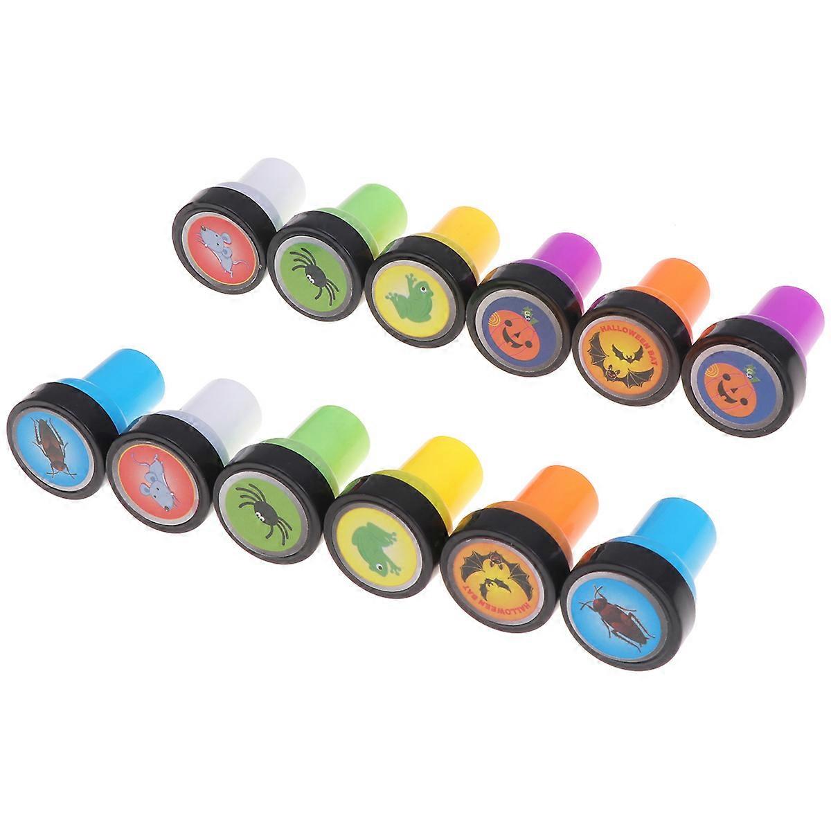 12Pcs Cartoon Stamper Set For Kids Arts And Crafts Halloween Party Assorted Color Includes Bat Frog Pumpkin Spider