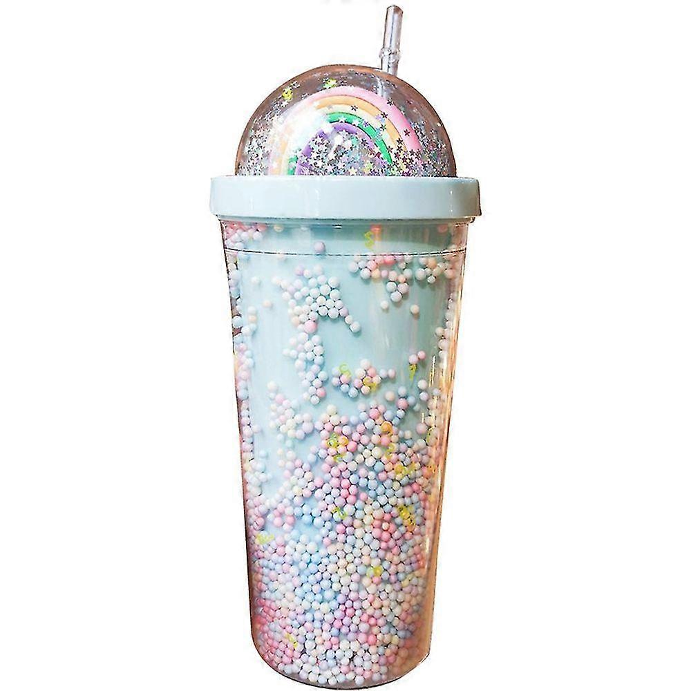 1 piece 550ml rainbow plastic water bottle double-layer sequin drinking cup with straw (four colors available)