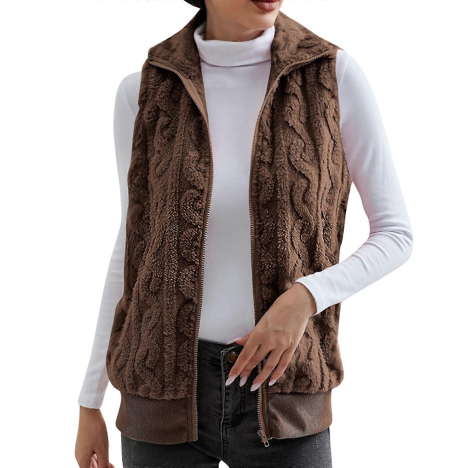 Womens Fuzzy Fleece Vest Sleeveless Outwear with Pockets, Warm Zip Up Sherpa Jacket in Solid Coffee, Size S for Fall Winter