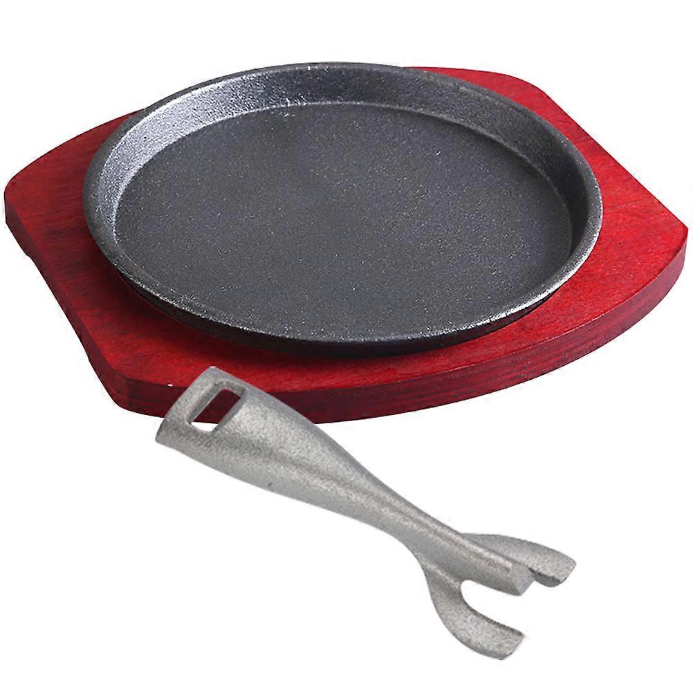 1 Set Restaurant Iron Steak Plate Kitchen Round Serving Dish with Wooden Base