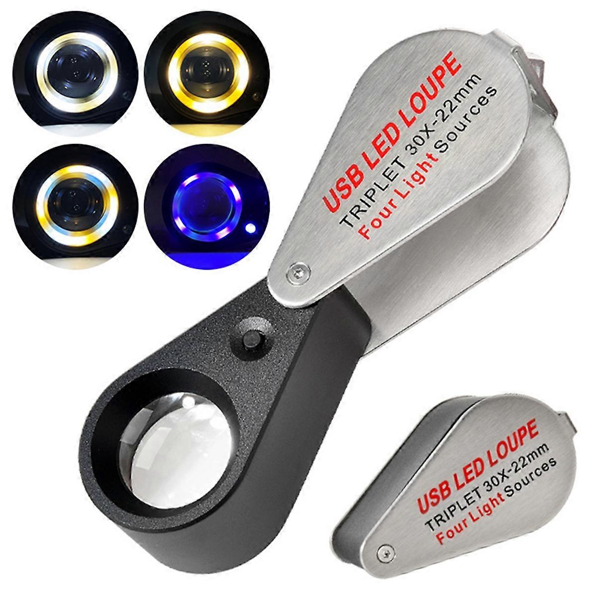 30X Rechargeable Four-Colour Light Source 13LED Magnifier Diamond Jeweler Loupe Necklace GEM UV Lamp Pocket Lupa