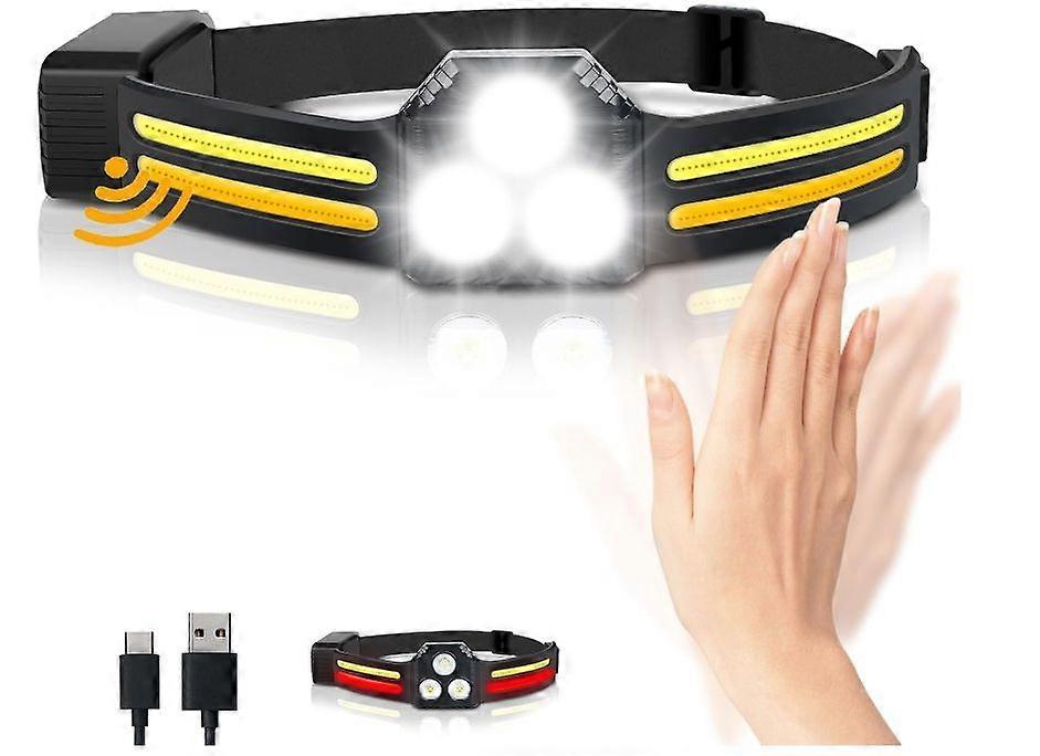 Rechagreable Headlamp, 1200Lumens 3COB Bright Headlamp 260 Wide Beam Headlamp 13 Light Modes Motion Sensor(Black)
