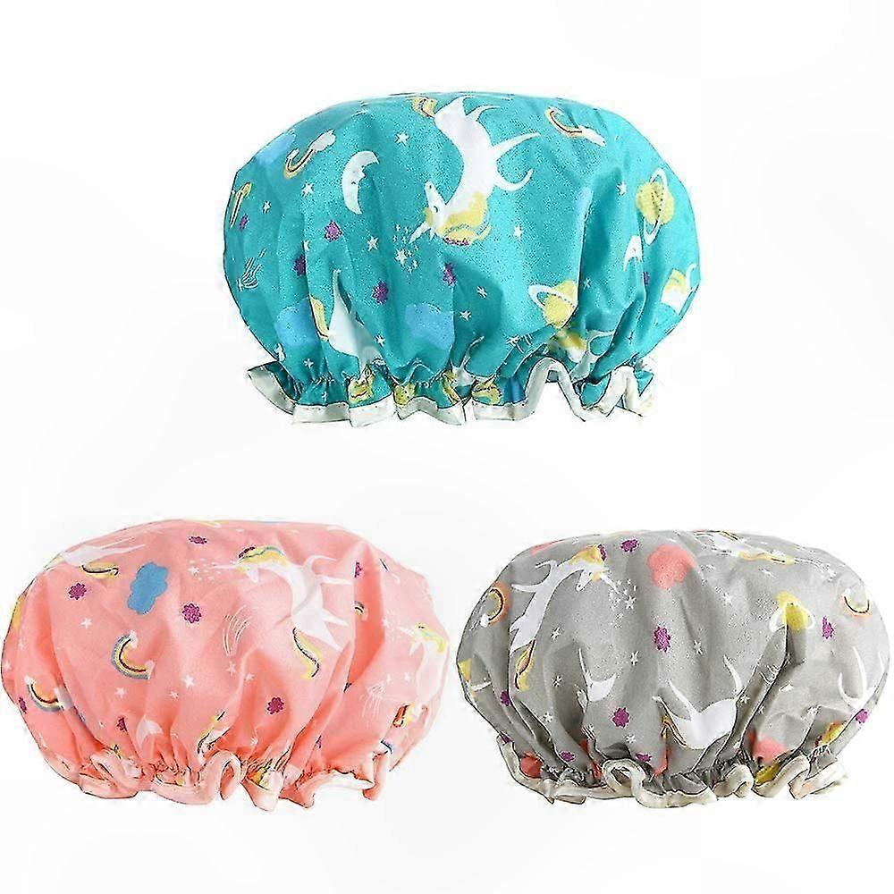 Waterproof Shower Caps for Women, 3-Pack Adjustable Double Layer Bath Caps