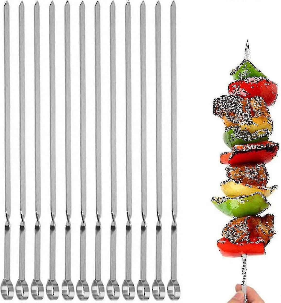 2025 12pcs Kabob Skewers, Flat Metal Barbecue Skewer 14" Long Stainless Steel Sticks Reusable Grilling Skewers Set, 12 Pack