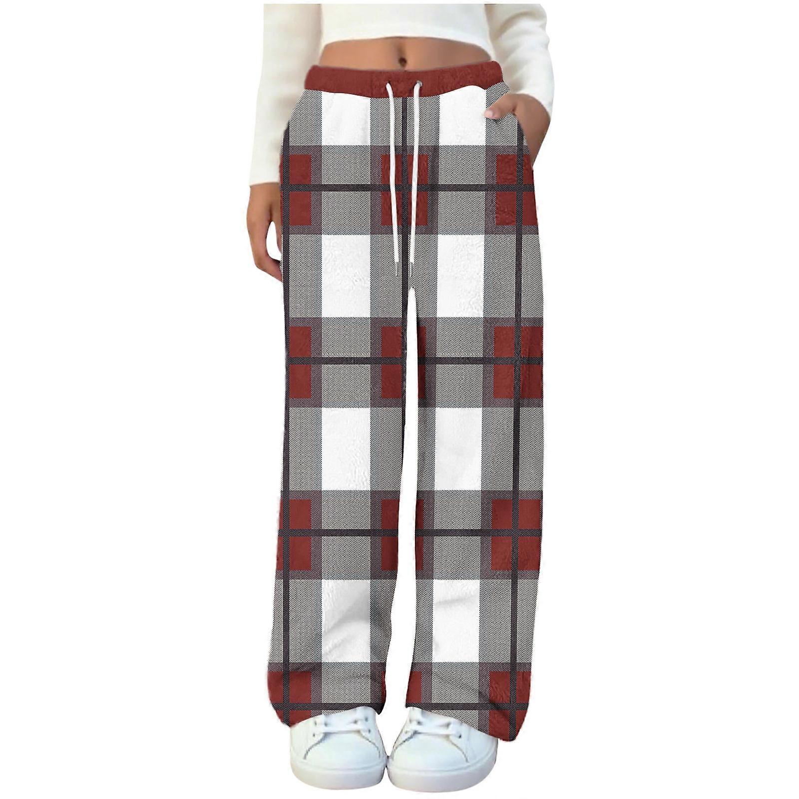 Women's Flannel Printed Fleece Pajama Pants Drawstring Comfortable Casual Pants with Pockets  Burgundy XL