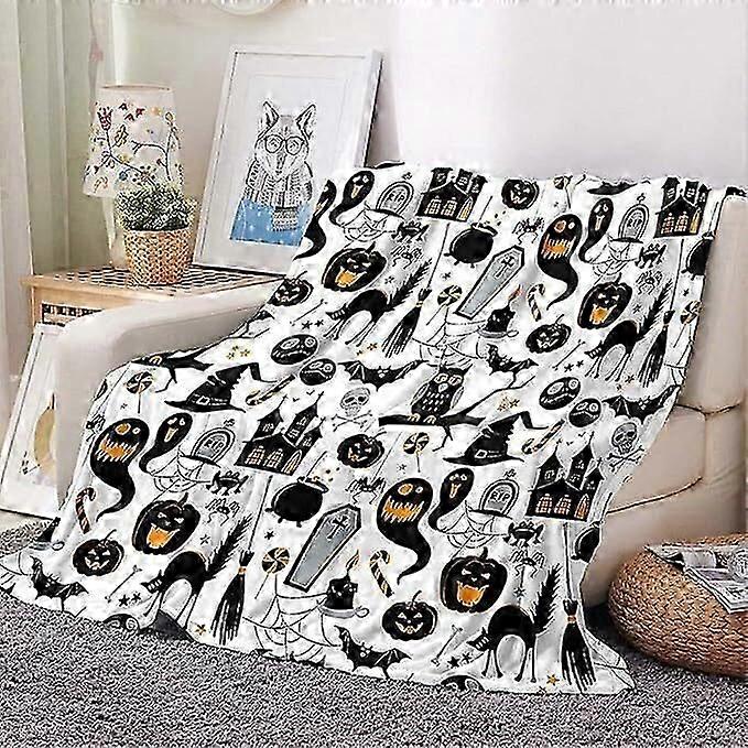 Halloween Blanket, Plush Flannel Gray Throw for Party Sofa Bed (Style 34)