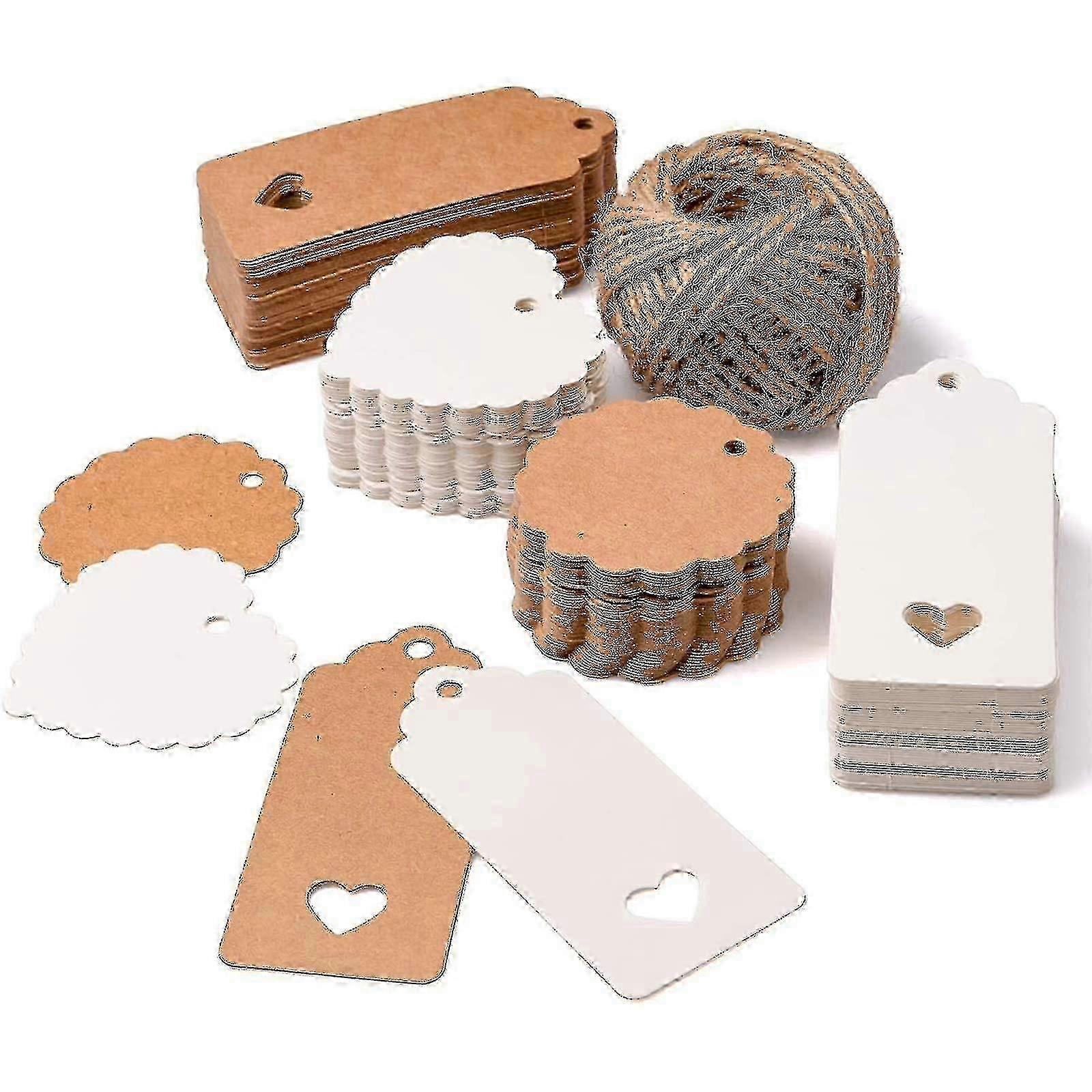 Gift Tags Set - 200pcs Kraft Paper Tags with Rectangle & Scalloped Heart Shapes, Vintage Wedding Favor Brown & White Hang Tags Labels A2025