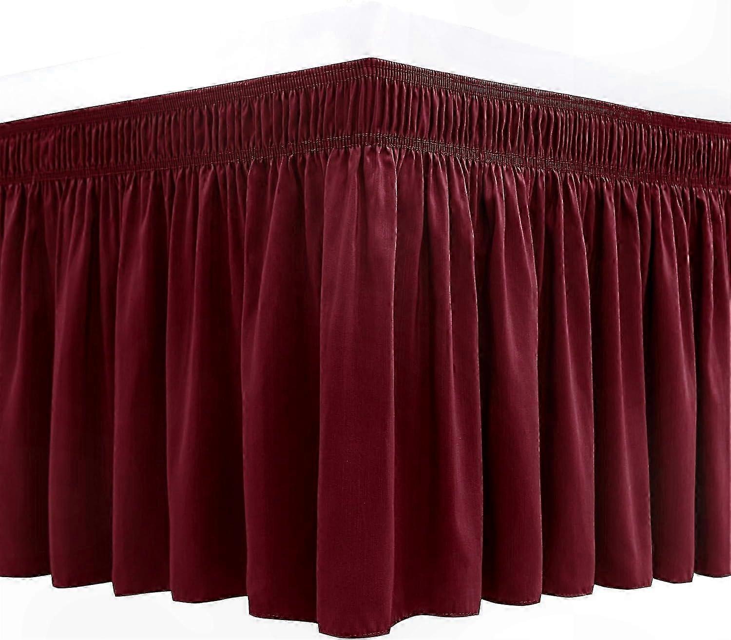 Burgundy Trim Elastic Bed Skirts, 15" Drop Adjustable Ruffle, Wrinkle & Fade Resistant, Machine Washable Dust Cover for Beds