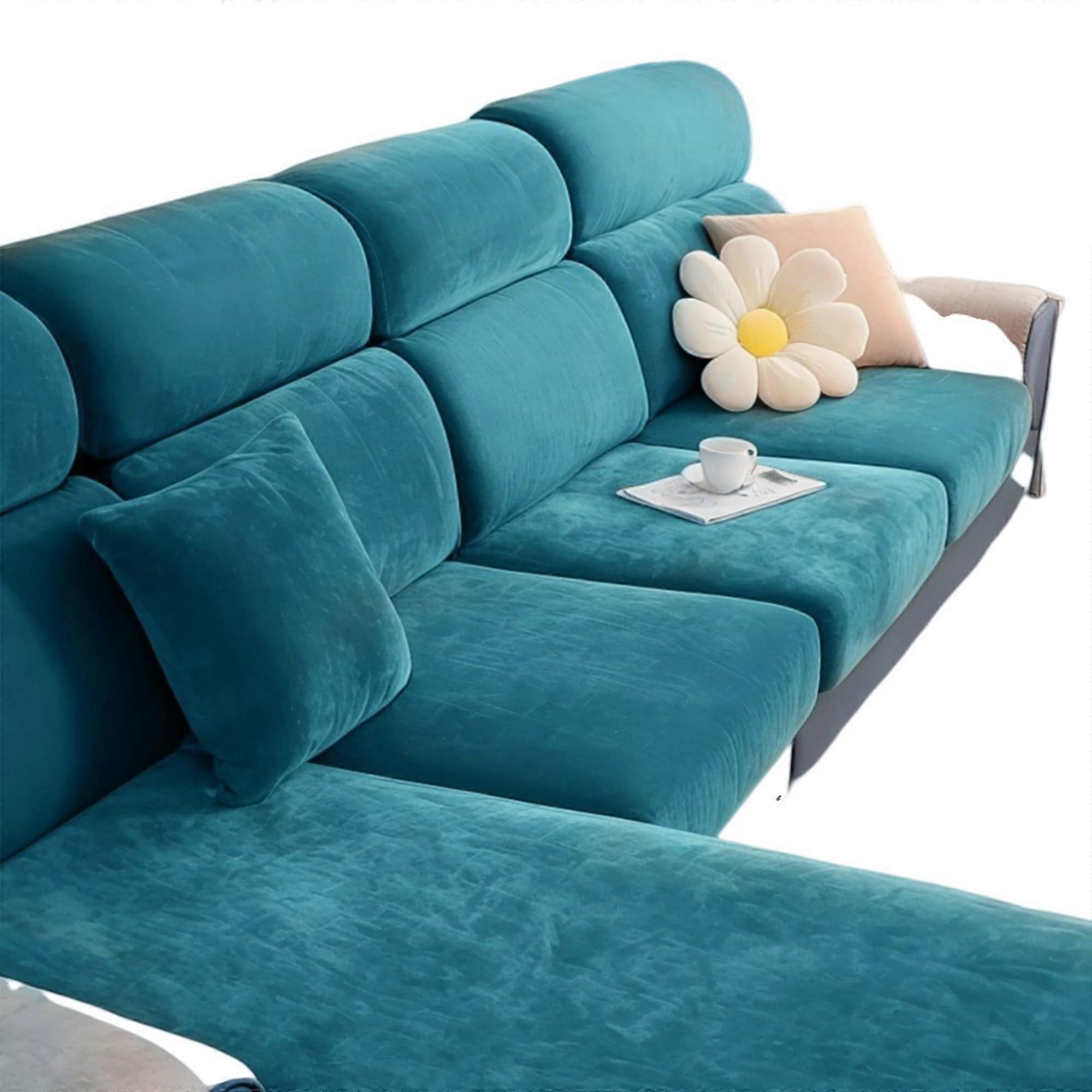 Velvet Sofa Cushion Covers Stretchable, Washable For 2/3/4 Seater Sofas And LShaped Sectionals Peacock Blue