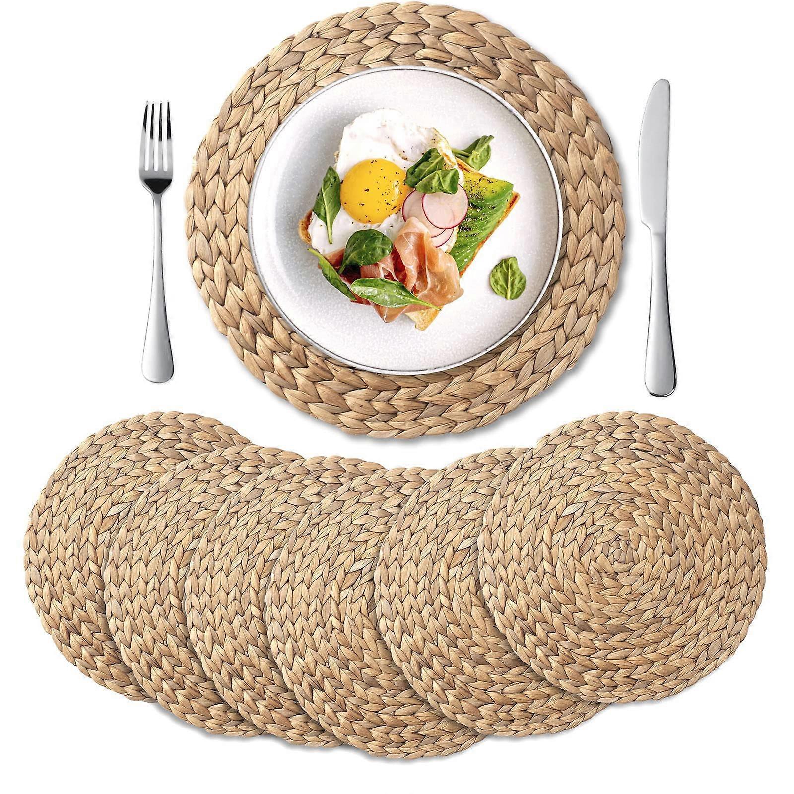 Set of 6 round braided placemats, straw water hyacinth placemats for dining table (35cm)
