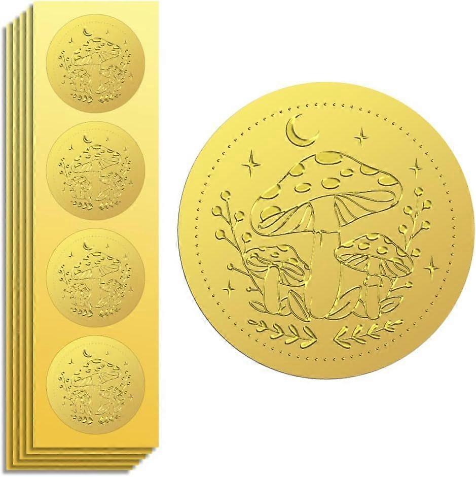 Gold Foil Sticker Seal Embossed Mushroom and Moon 2 Inch 100Pcs Self Adhesive Gold Around Embossing Sticker for Invitation Certificate Envelope Seal G