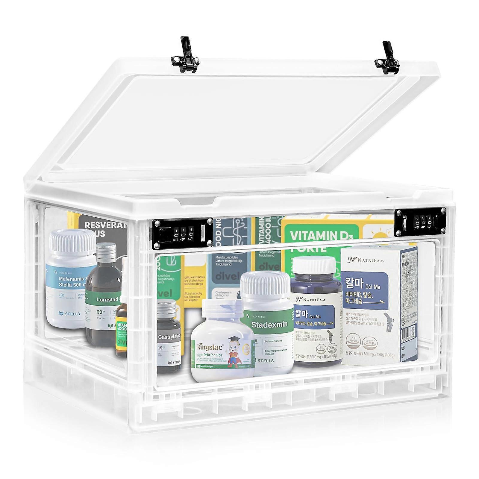 Large 24L Lockable Medicine Storage Box with Dual Combination Locks, Clear BPA Organizer for Home and Office