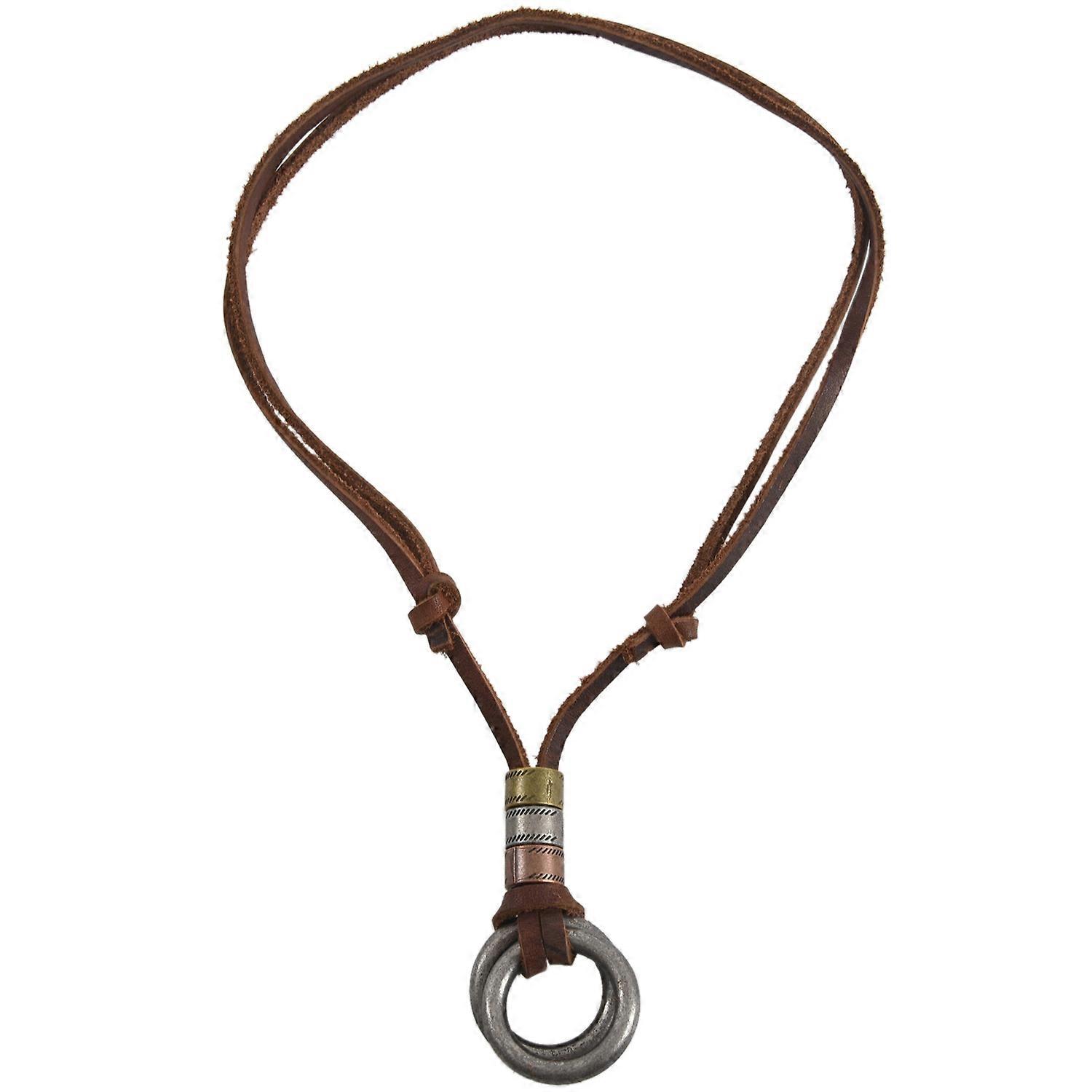 Men Retro Leather Cord Necklace Double Circle Ring Pendant