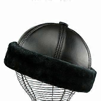 Men's Retro Real Leather Skullcap Sailor Hats Beanie Rolled Cuff Brimless Winter