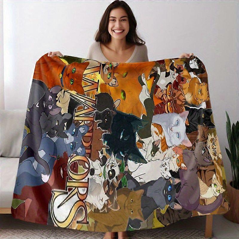 Couverture en flanelle polaire style chat samouraï - Motifs de chats de dessin animé éclatants, jeté doux et confortable toutes saisons pour lit, canapé, O-AZOKJ305