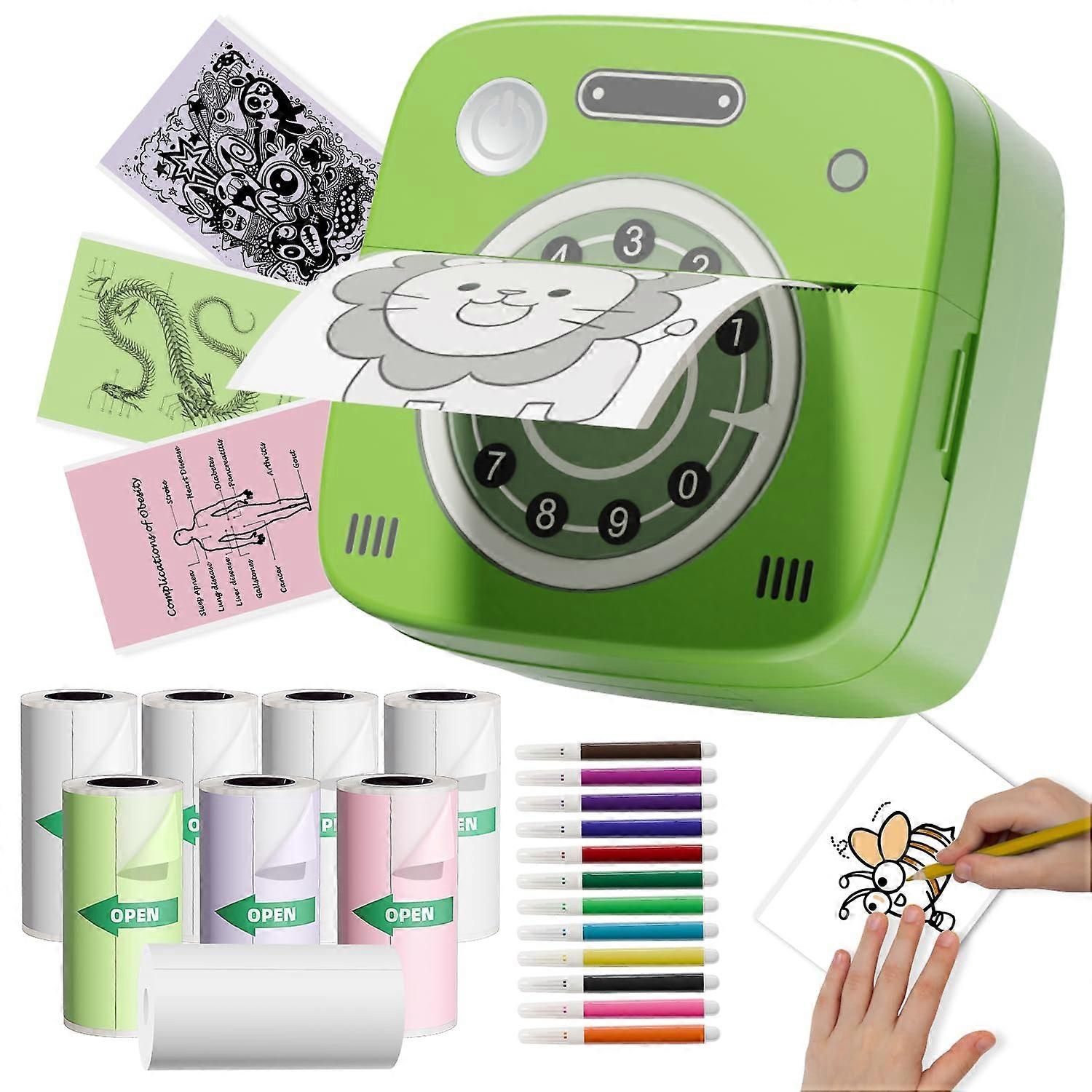 Mini Thermal Printer with Bluetooth Inkless Printing, Vintage Pocket Sticker Maker, 8 Color Paper Rolls