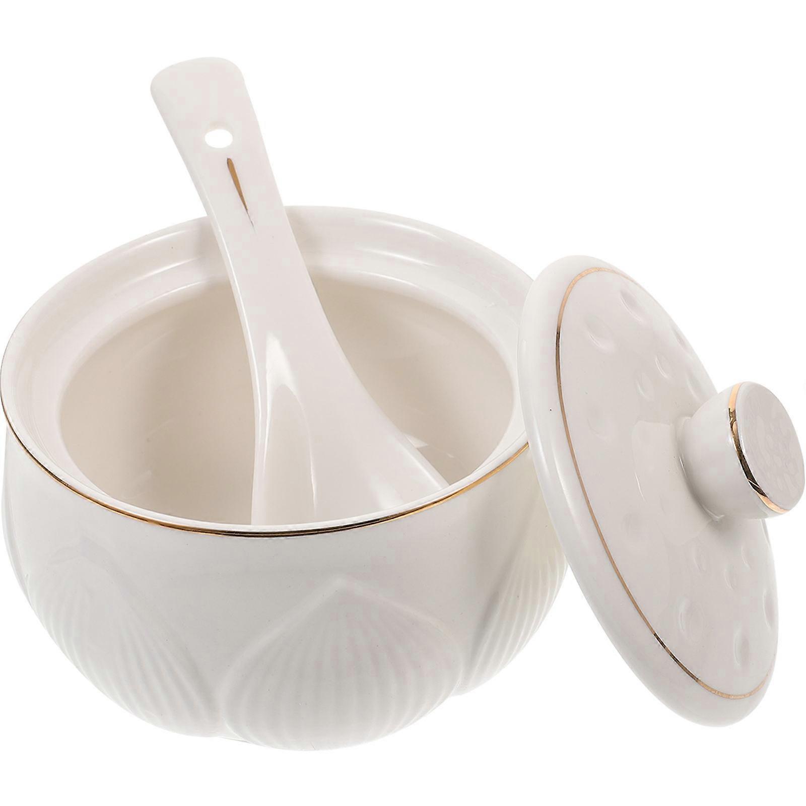 White Ceramic Stew Pot with Spoon for Soup Serving 1Set