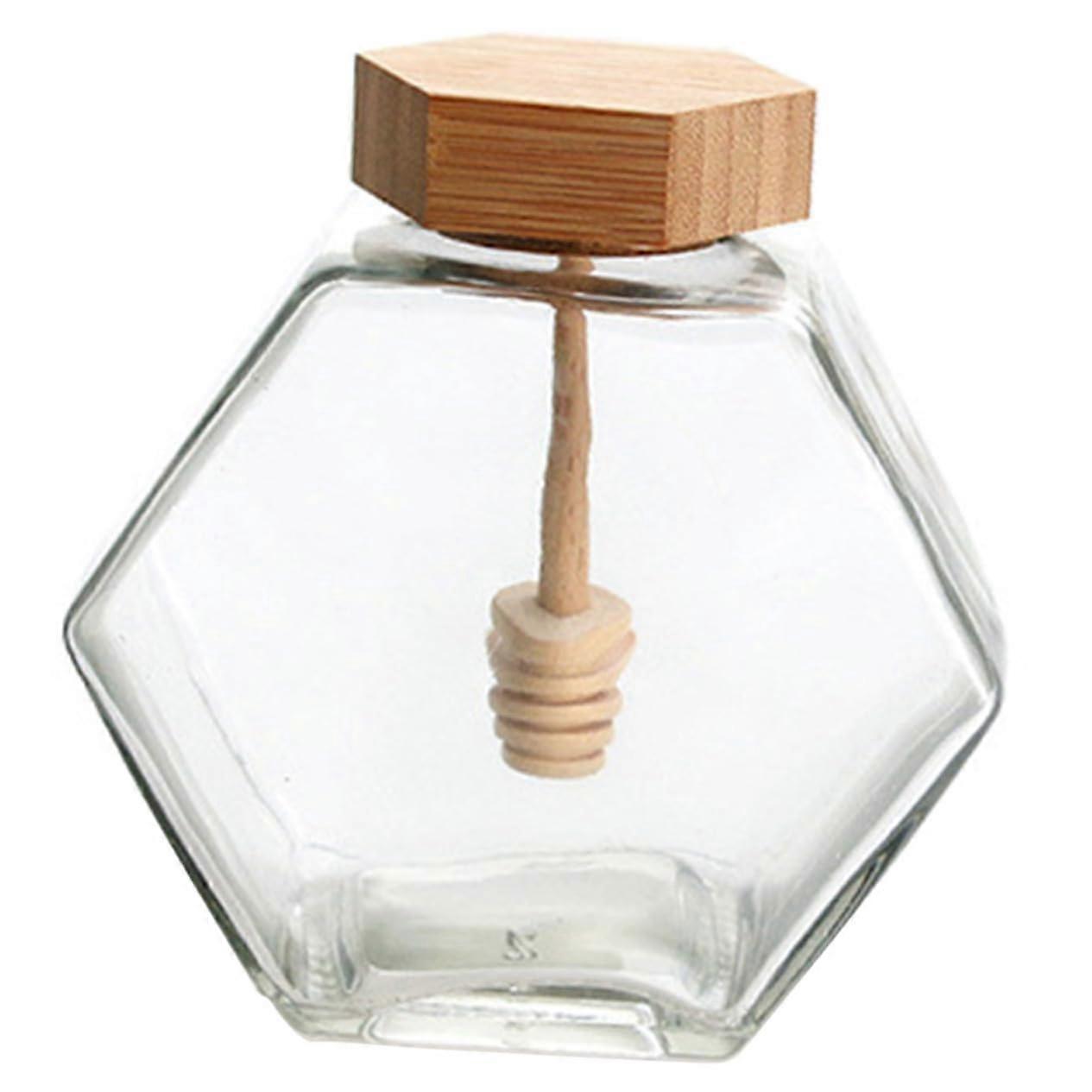 Glass Honey Jar with Bamboo Lid and Dipper, Hexagonal LeakResistant Container for Kitchen
