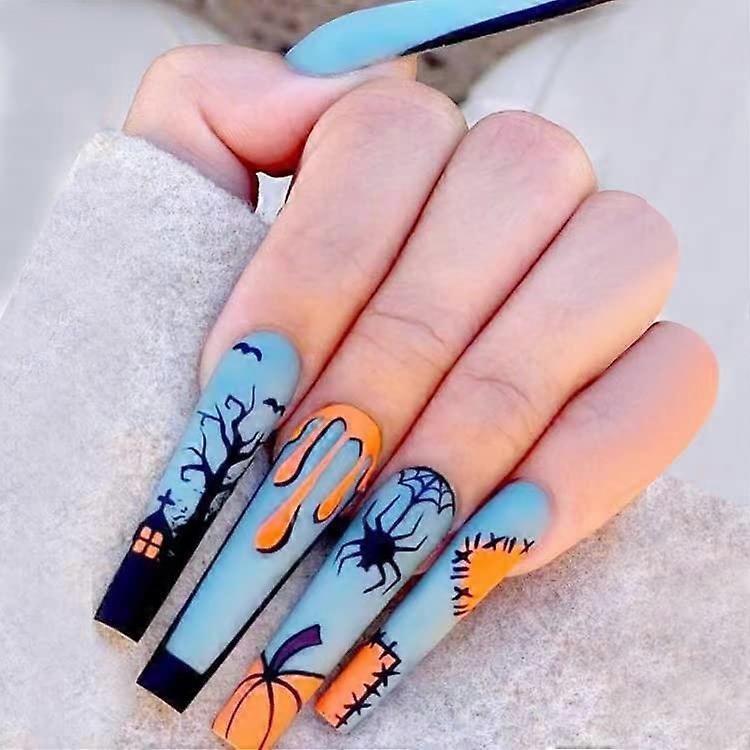 24pcs Extra Long Halloween Press On Nails with Glue CY118 CY117 Pattern Matched False Nails