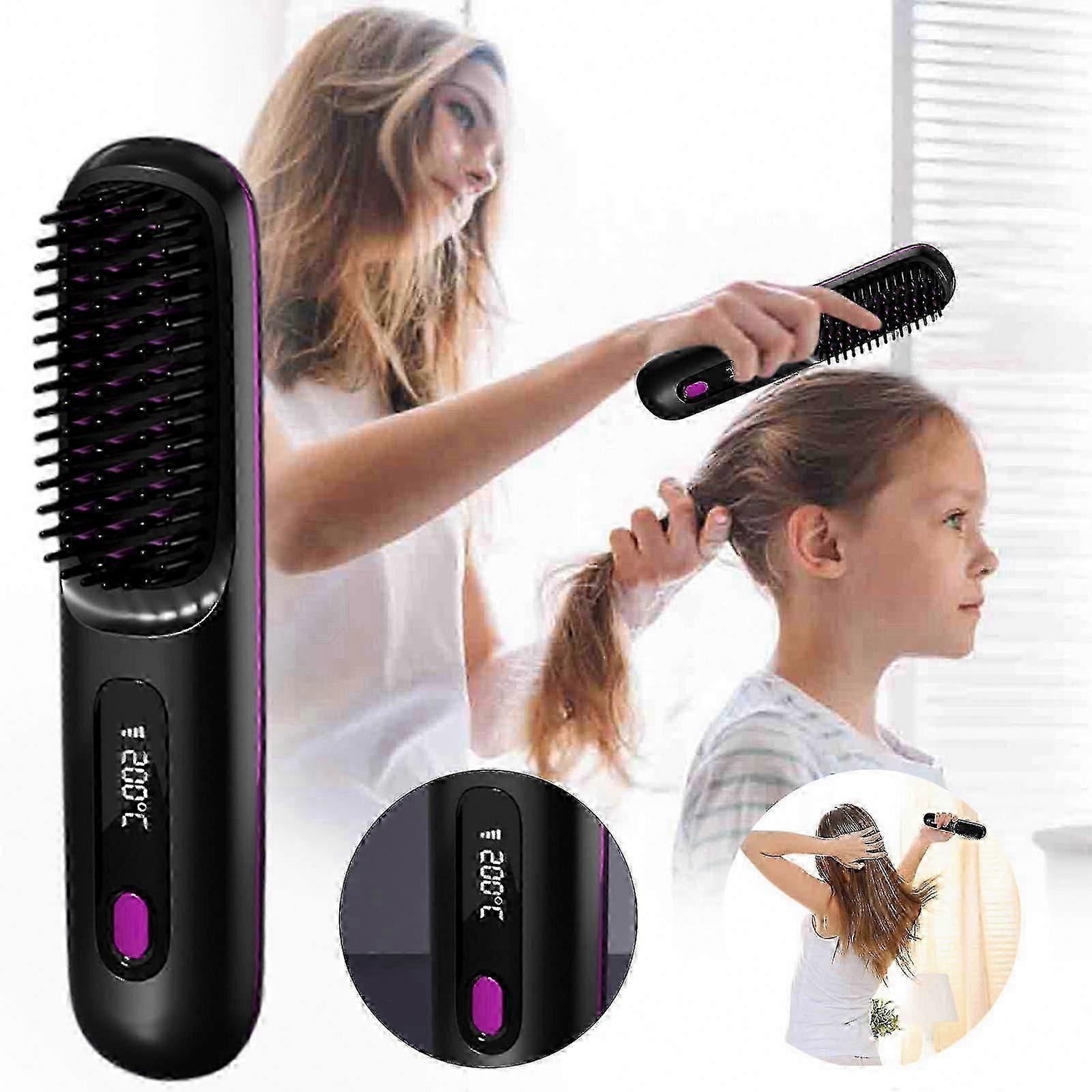 Rechargeable Portable Hair Straightener Brush with Comb Function