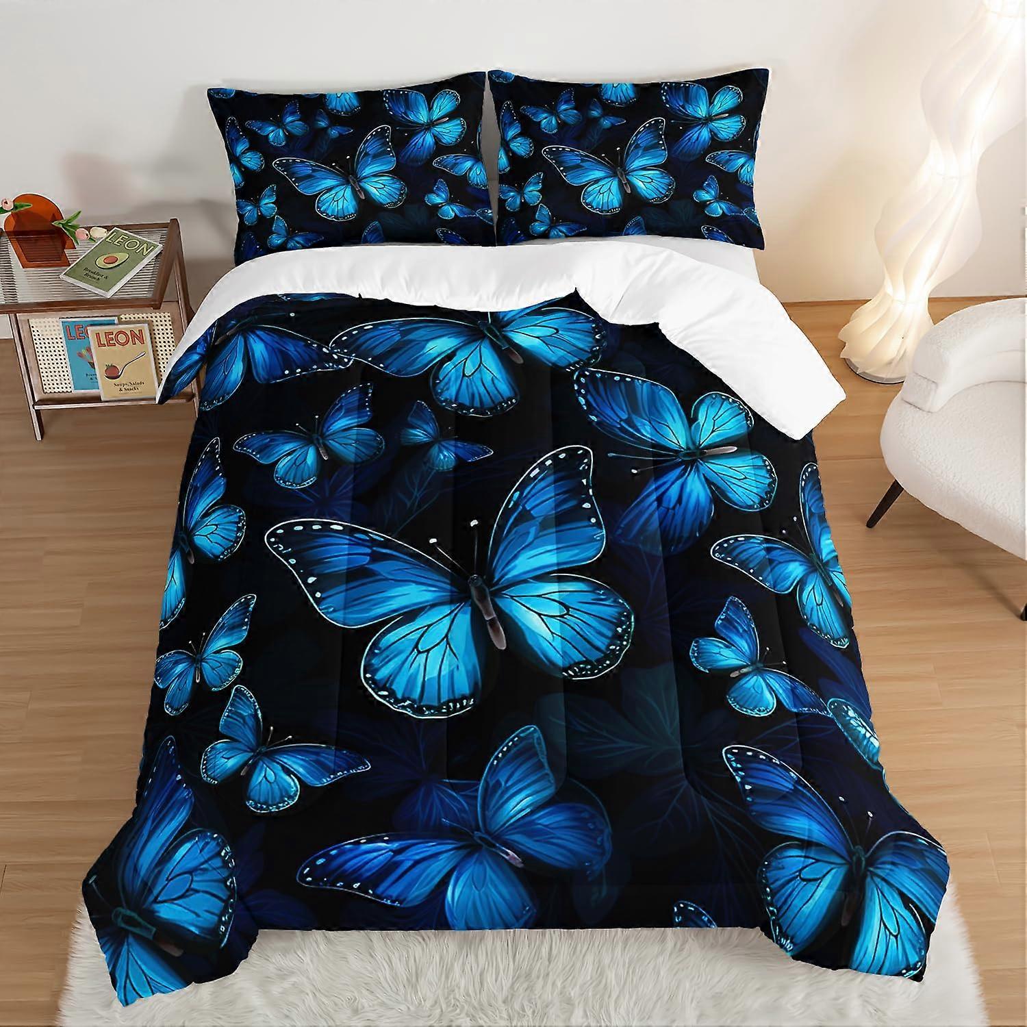 Blue Butterfly Comforter Set King Size Boho Bedding Soft Microfiber with 2 Pillowcases