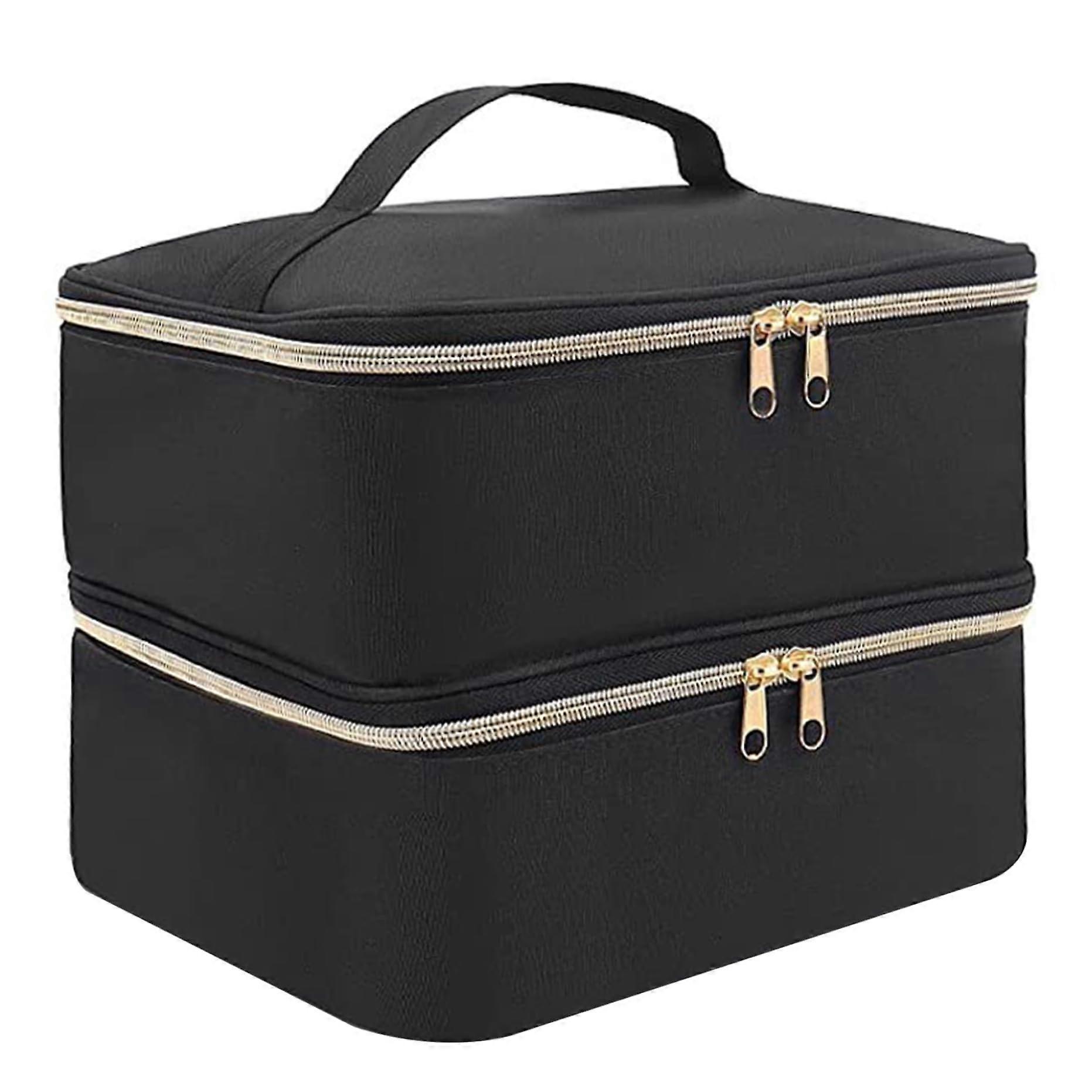 Nail Polish Organizer Double Layer Storage Case for 30 Bottles with Handle and Tool Pockets Black