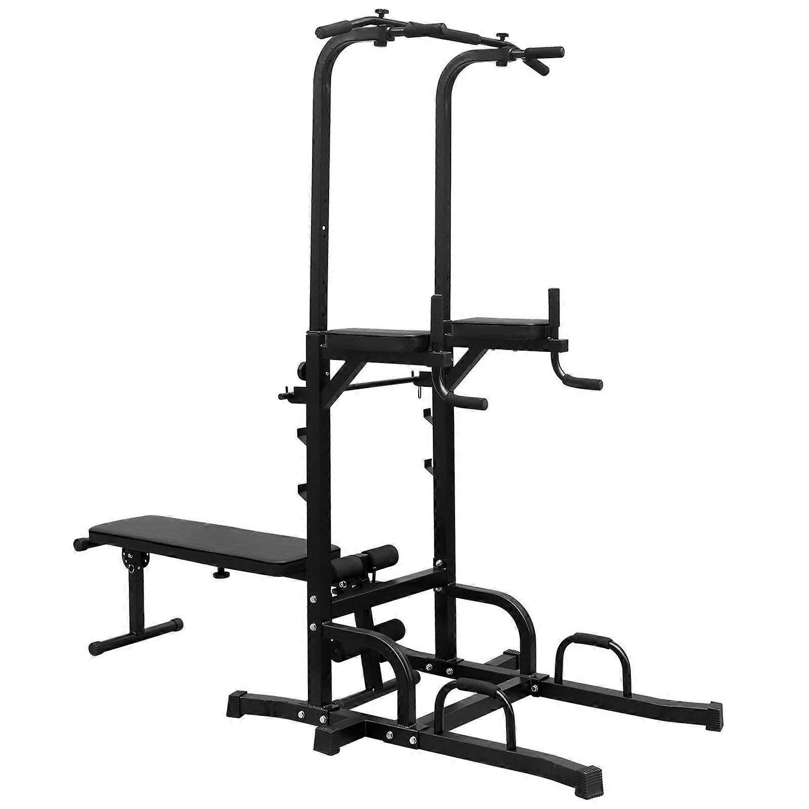 Power Tower with Weight Bench, Multi-Function Pull Up Station for Strength Training, Black