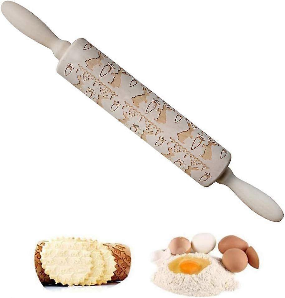 Wooden Embossing Rolling Pin with Easter Symbols, Engraved Baking Roll for Cookies and Crafts, 35cm/13.77 inches