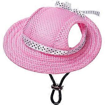 Round Brim Princess Hat Visor Dog Mesh Perforated Sun Hat with Ear Holes for Small, Extra Small Teddy, Shih Tzu, Yorkshire Terrier, Papillon Pink S (H