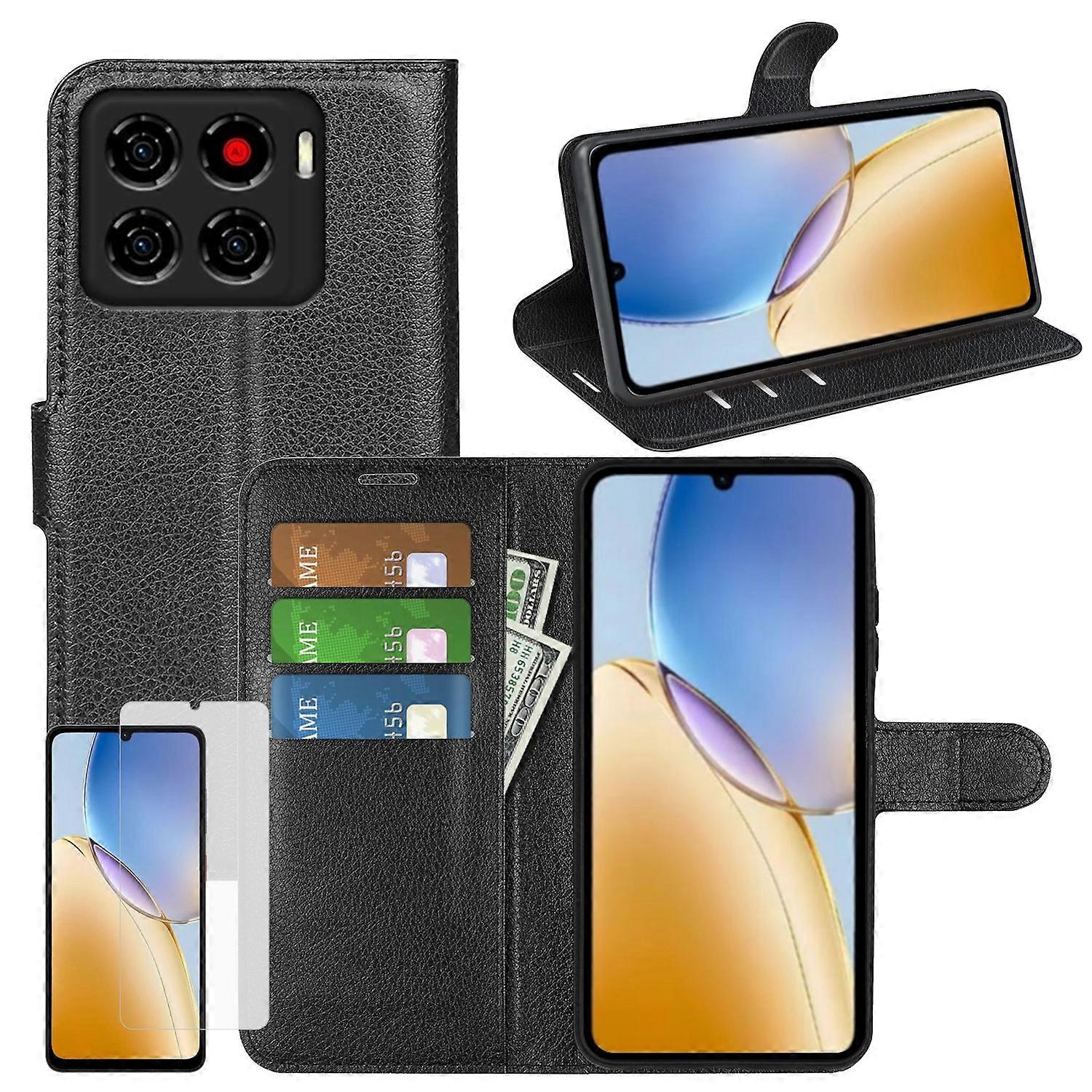 For ZTE Blade A56 Faux Leather Book Wallet Phone Case Black + 9H Tempered Glass