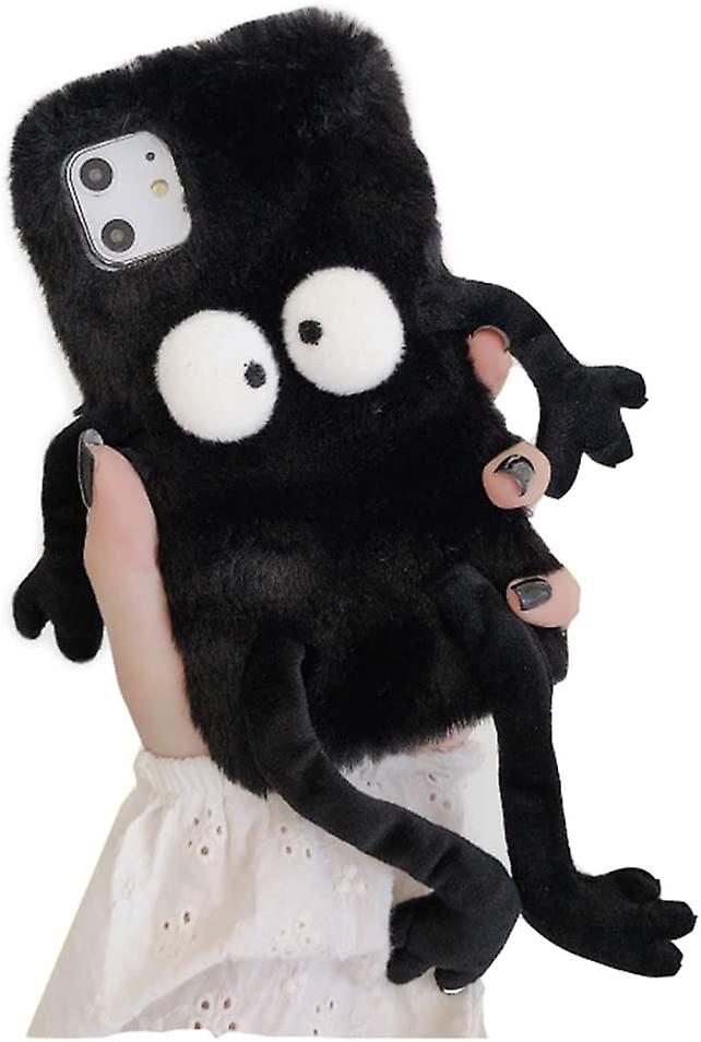 Cute Fluffy Fur Case Compatible with iPhone 11, Fuzzy Furry Winter Soft Fur Warm Plush TPU Case Covers (Plush Black, iPhone 11)