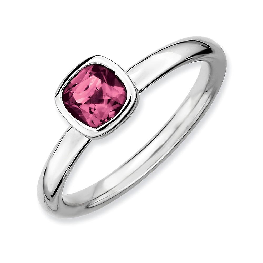 925 Sterling Silver Bezel Polished Stackable Cushion Cut Pink Tourm. Ring-Stackable-Ring for Women - Ring Size: 5 to 10