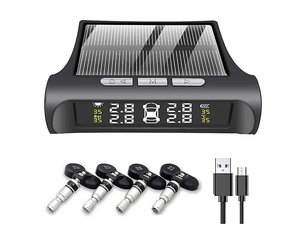 Bil Tpms sensor Soldæk trykmåler 4 sensorer Alarm Bildæktrykovervågningssystem Hjultryk Sikkerhed