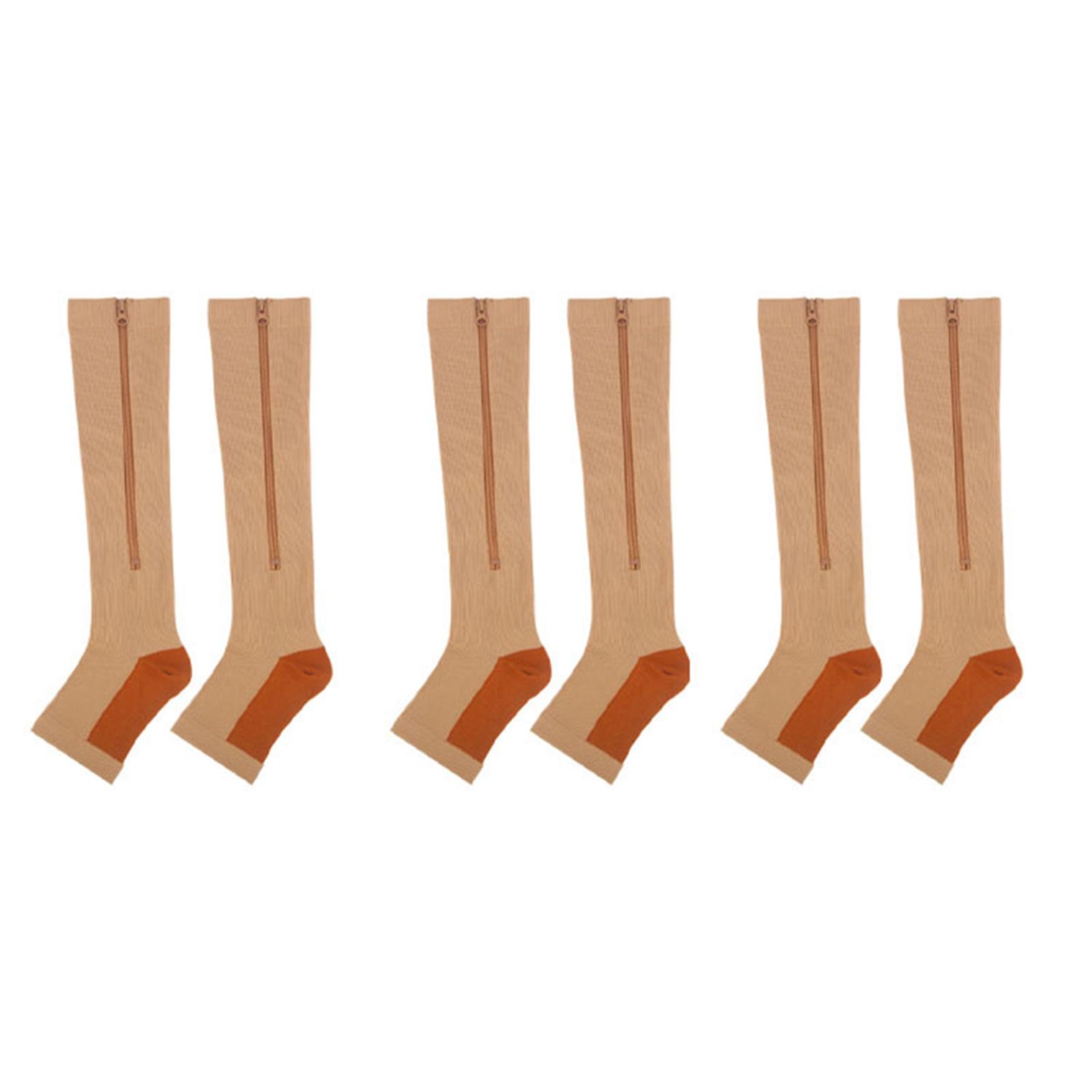Zipper Compression Socks Open Toe Knee High Stretchy Breathable Calf Compression Stockings for Sports 3 Pairs S/M
