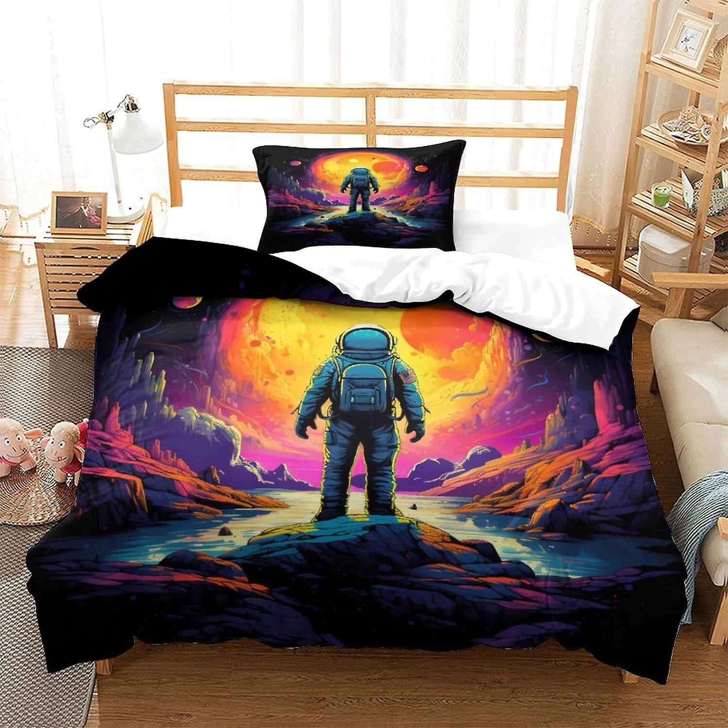 Astronauter Påslakan Set King Size 3D Kosmiskt Landskap Tryckt Dekorativ Sängkläder Täcke Barn Vuxna Tonåringar Singel