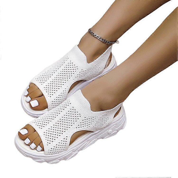 Women In A New Style Single Colour Elasticated Open Toe And Wedge Heel Fly Woven Mesh Casual Sandals