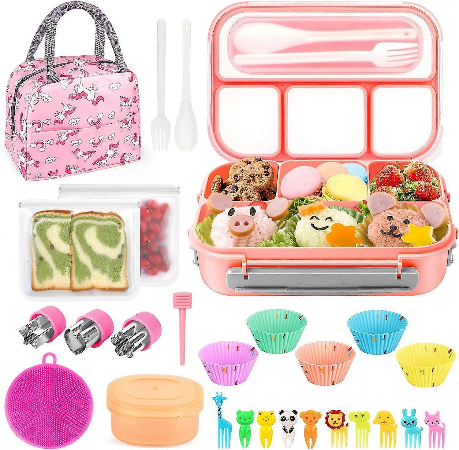 27Pcs Bento Box Lunch Box Kit  1300ML Lunch Container for Kids/Adults  Durable Leak-proof Box 4 Compartments with Spoon Fork Bag Accessories  Microwav