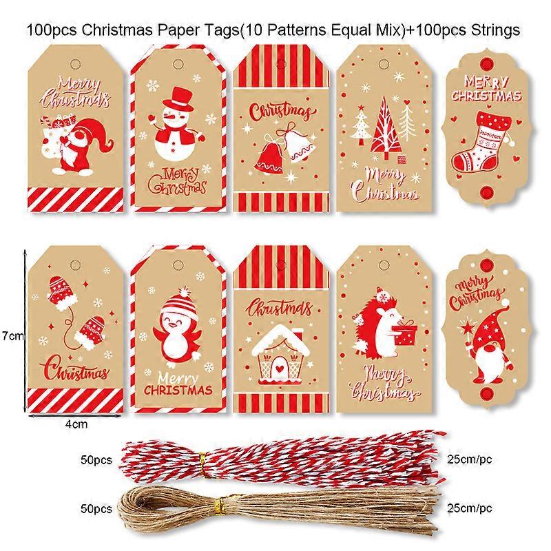 100 Pieces Kraft Paper Christmas Tags with String, Brown Kraft Paper Christmas Tags, Stamp and Label for Christmas Gift Wrapping, 10 Designs for Chris