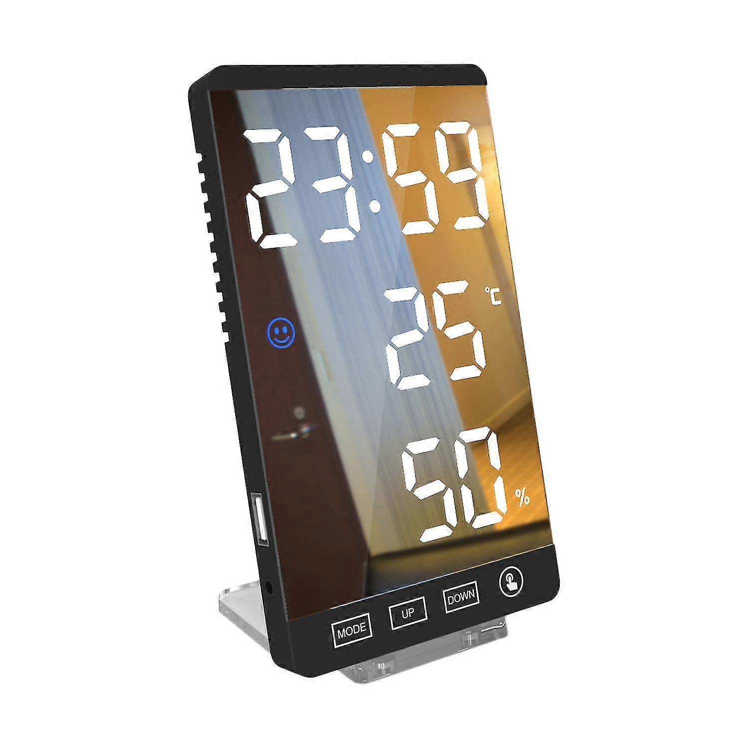 LED Digital Mirror Alarm Clock Press Button Clock LCD Temperature Humidity Display USB Output Port Table Clock,B