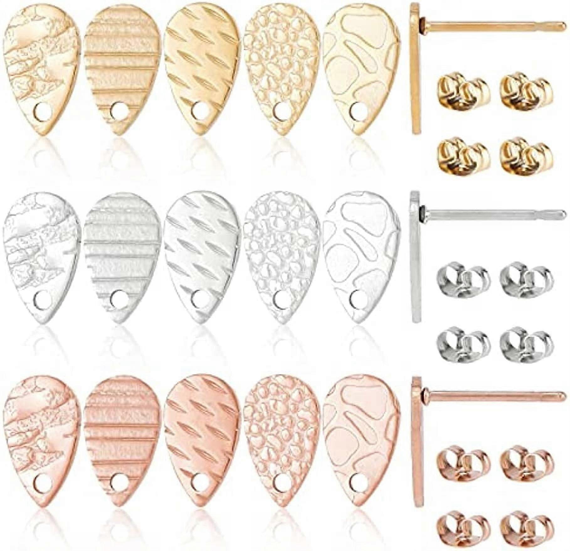 30Pcs Teardrop Stud Earring Findings 15 Styles Textured Earring Posts Stud Earrings Comp1nts Earring with Loop Stainless Steel for DIY Earring Jewelry