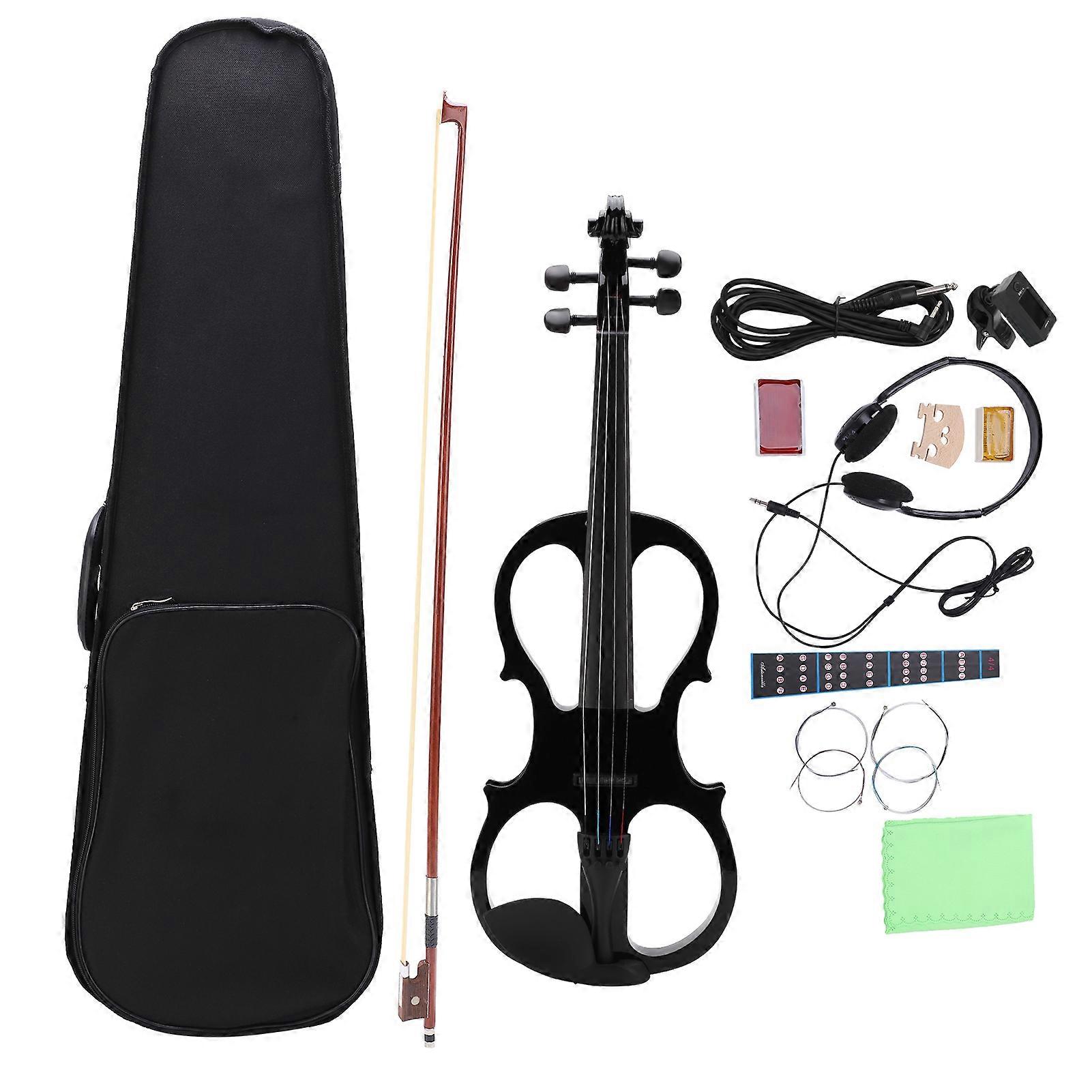 Violin Set 4/4 Electroacoustic Solid Ebony String Instrument with Tuner Bow AccessoriesBlack