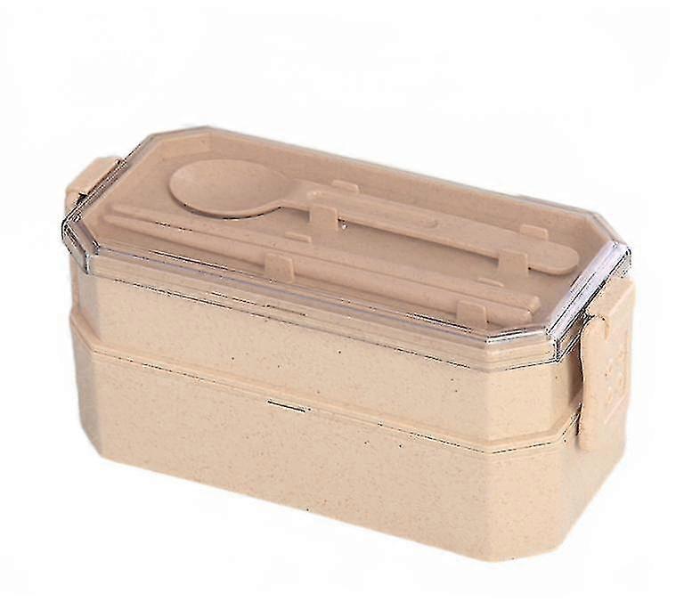 1 Pcs Microwave Lunch Box Wheat Straw 2 Layer Dinnerware Food Storage Container(beige)