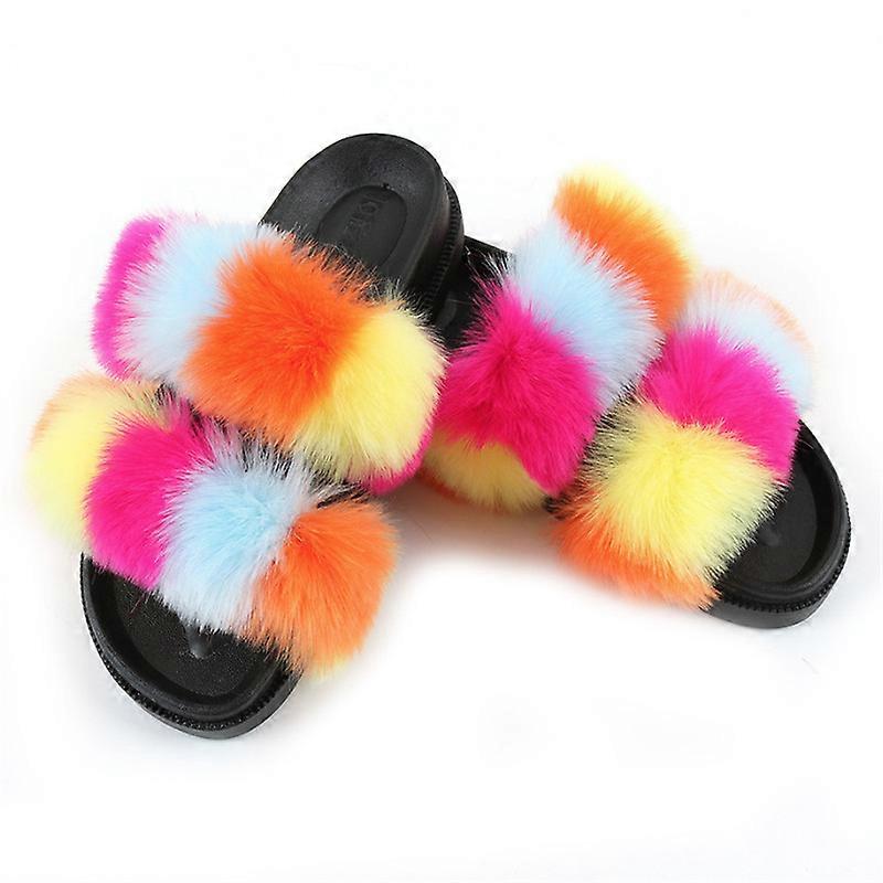 MIMIGO Women's Fluffy Faux Fur Slippers Comfy Open Toe Two Band Slides with PVC Sole