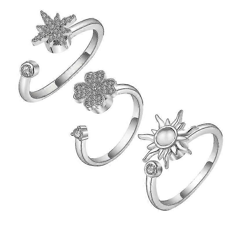 3pieces Flower Beads Rotatable Worry Ring With Cubic Zirconia Adjustable