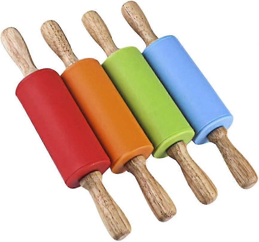 Mini Rolling Pin With Wooden Handle Non-stick Silicone Rolling Pin For Kids Children Home Kitchen(4pcs, Multicolor)
