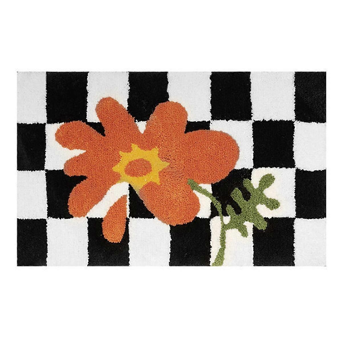 Flower Bath Mats Soft Plush Checkerboard Grids Soft Floral Bathroom Carpet Bedside Carpet Decor Anti Slip Floor Mat D