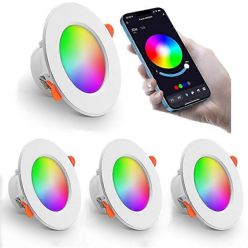 LED Encastré 108W (équivalent 60W) Couleur RGB Changement Gradation Coloré RGBW IP44 RGB+CCT Rond Dimmable Encastré par Bluetooth (lot de 4)
