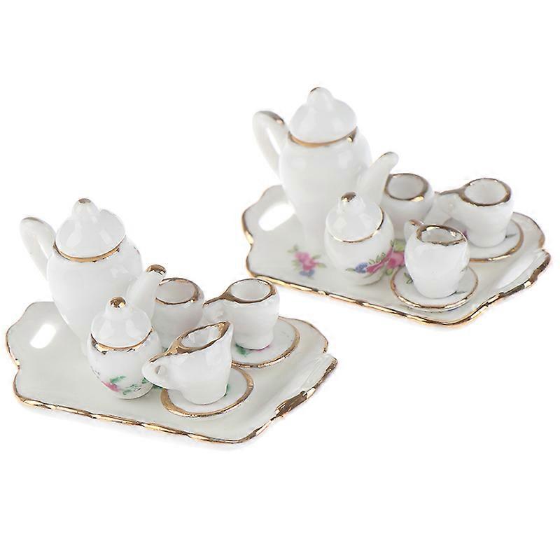 8Pcs Flower Pattern Dollhouse Miniature Dining Ware Porcelain Tea Set Dish Cup