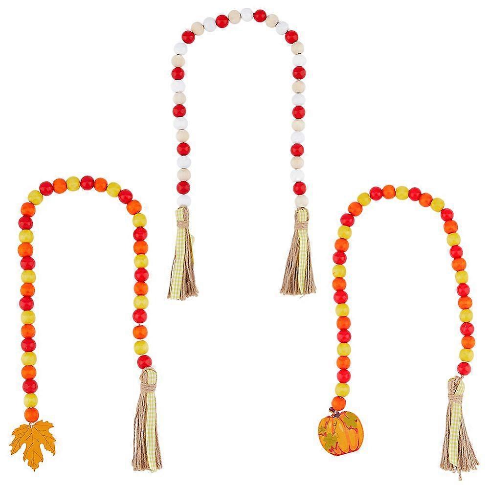 3Pcs 3 Style Halloween Wood Beads Garland with Tassel Wood Bead Chains with Pumpkin and Maple Leaf Pendant Farmhouse Home Holiday Hanging Decorations